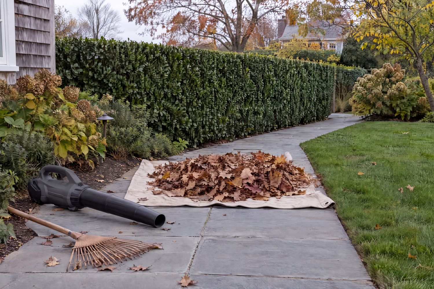 A bluestone walk in autumn with a battery leaf blower, a rake and a tarp of oak leaves beside a clipped privet hedge and a lawn