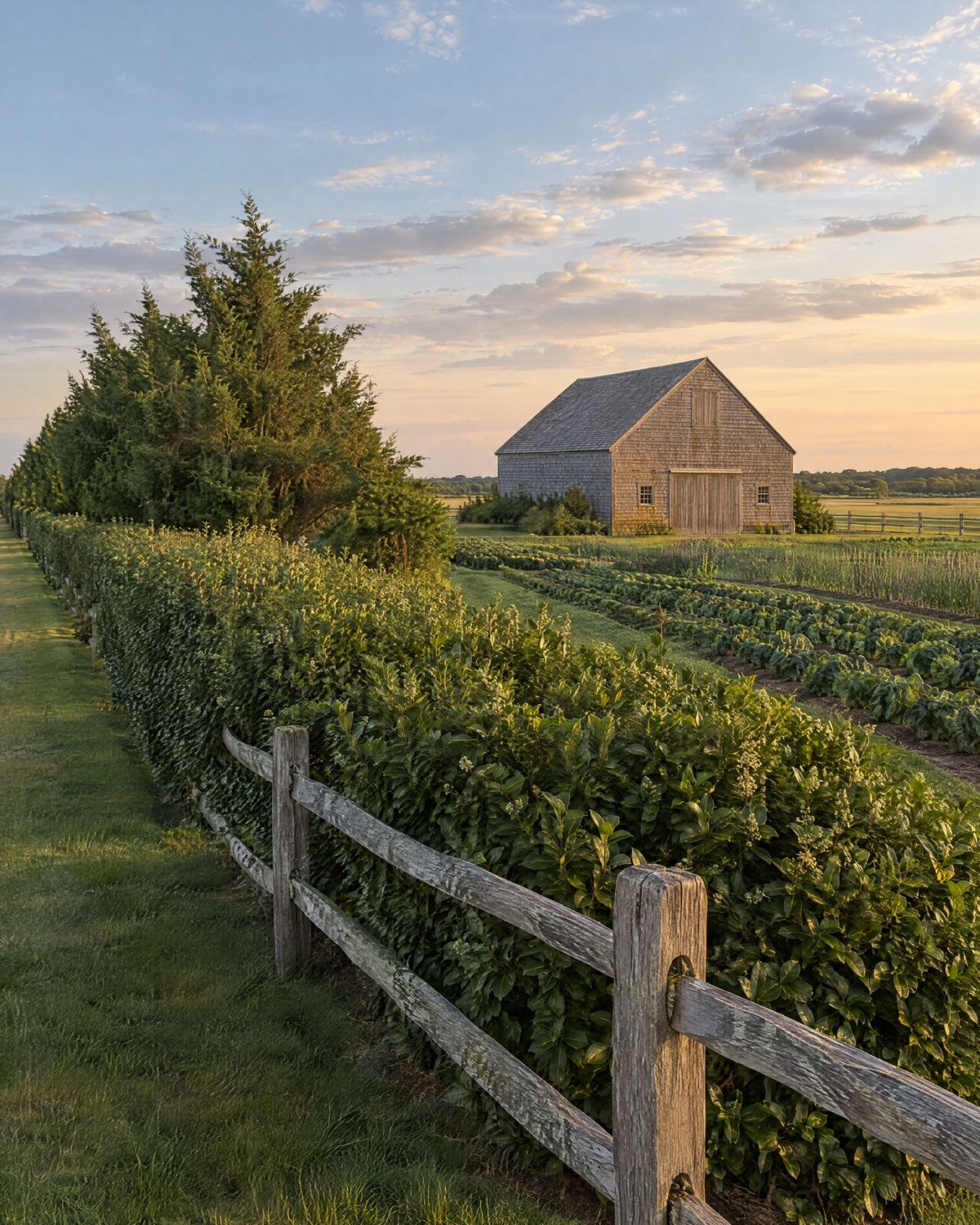 Open farm fields with crop rows, a long hedgerow of privet and red cedar, a split-rail fence and a weathered shingled barn in low golden light