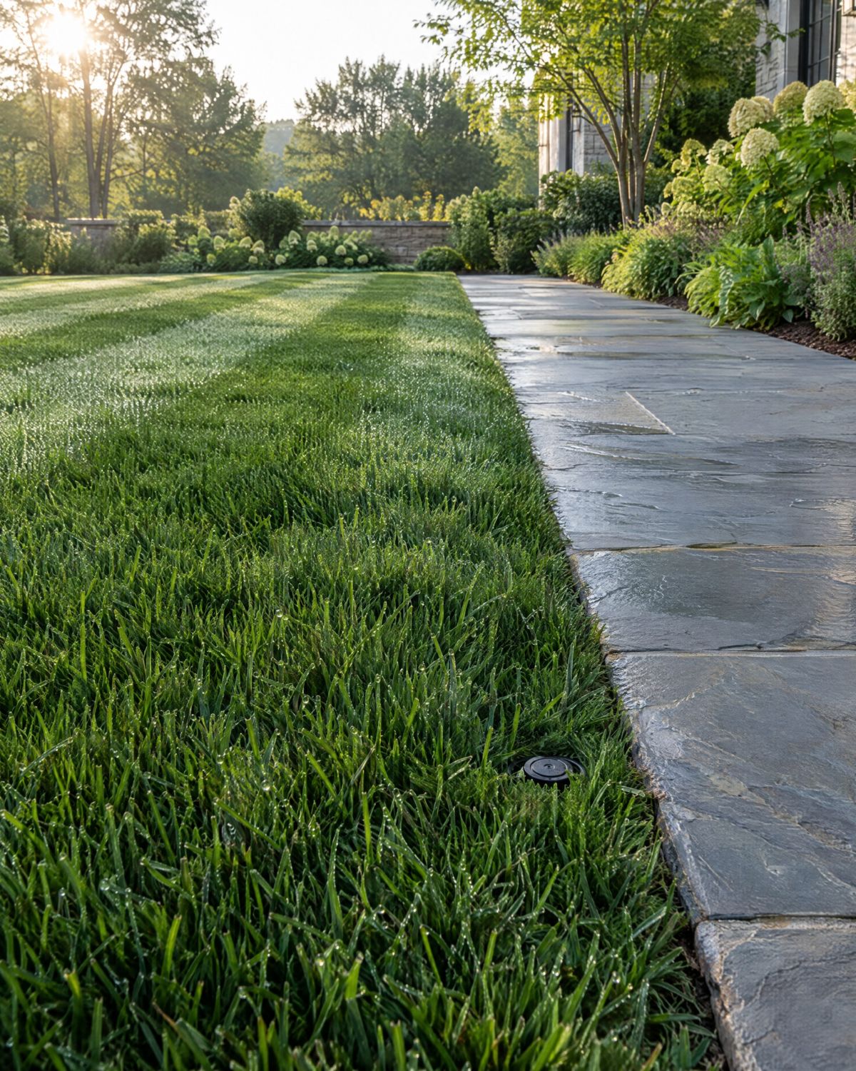 A dense cool-season lawn with fresh mowing stripes meeting a thermal bluestone walk with a crisp edge, dew on the grass in morning light