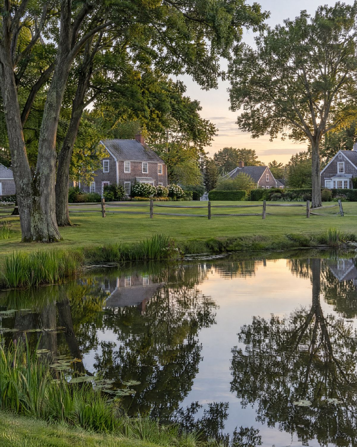 A village green with a still pond reflecting old trees, a split-rail fence and shingled houses beyond, in early evening light