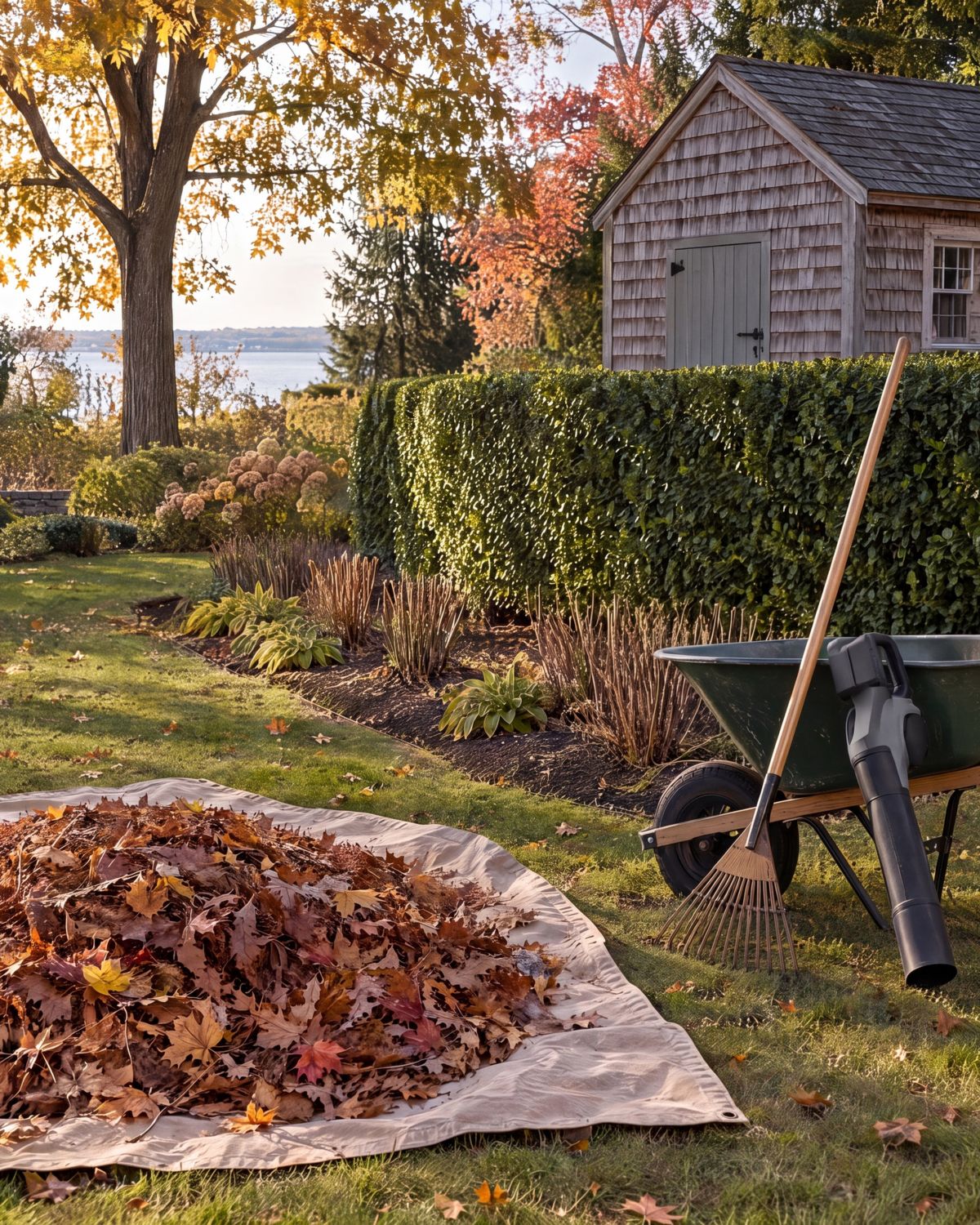 A fall cleanup in progress: oak and maple leaves raked onto a tarp, perennials cut back in edged beds, a battery leaf blower and rake against a wheelbarrow by a shingled shed
