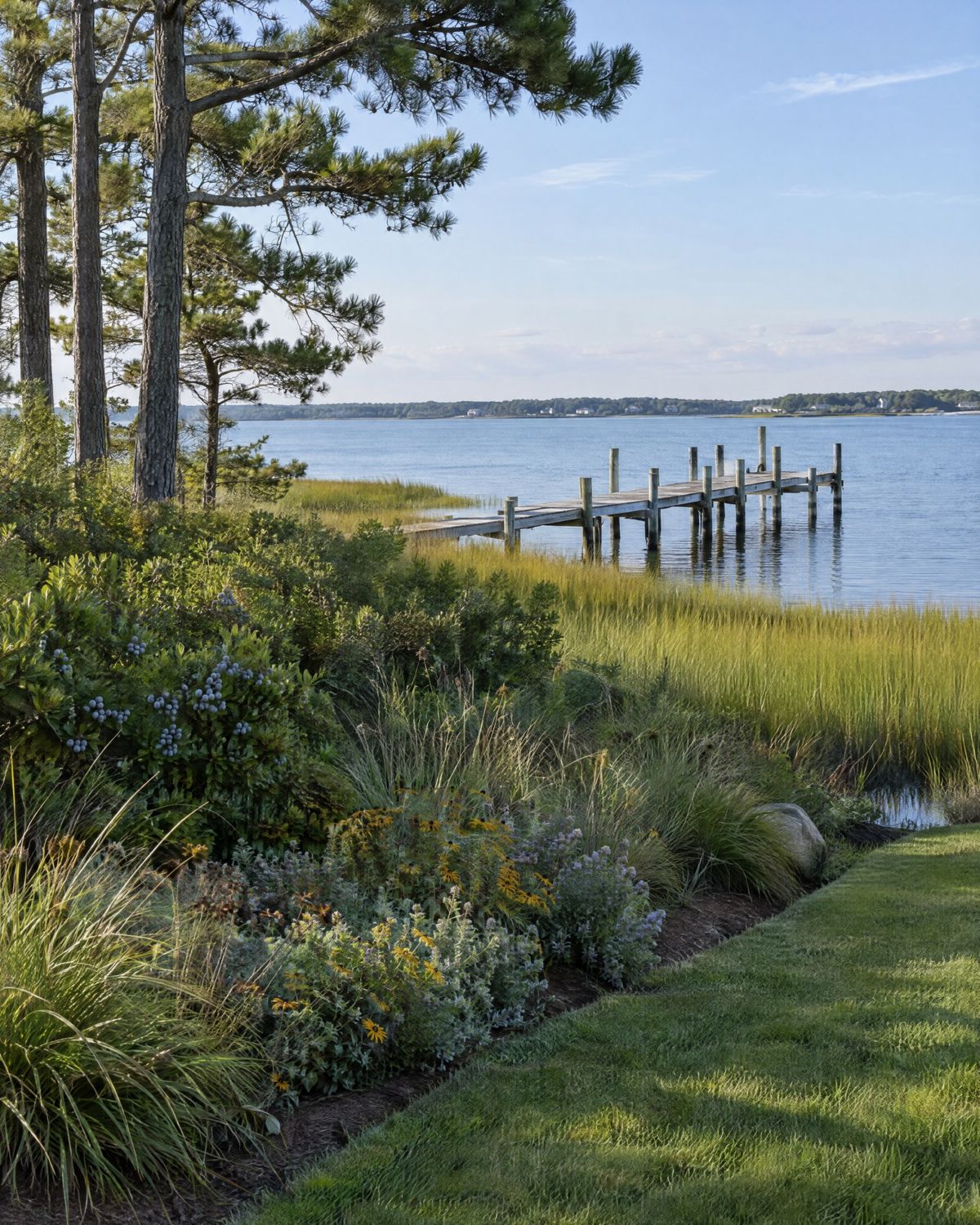 A bay shoreline with spartina salt marsh, a weathered dock, pitch pines and bayberry, and a native planting buffer at the edge of a lawn