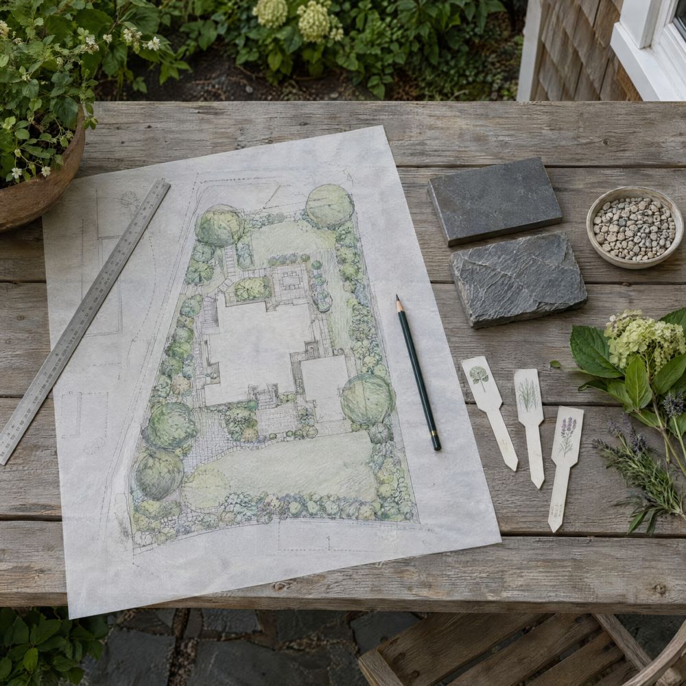A colored-pencil planting plan on trace paper over a site survey, with a steel scale ruler, a pencil, plant tags and samples of bluestone and gravel on a weathered oak table