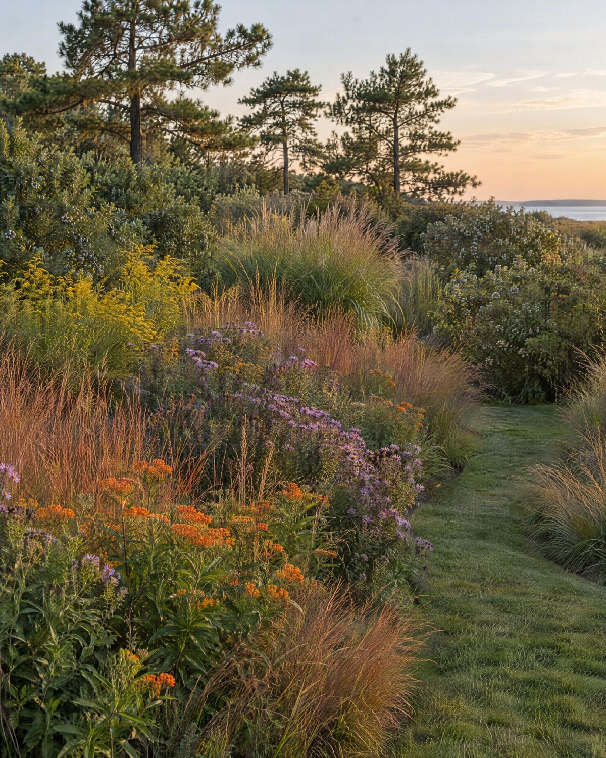 A late-summer native meadow of little bluestem, switchgrass, goldenrod, asters and butterfly weed with bayberry, beach plum and pitch pines along a mown path