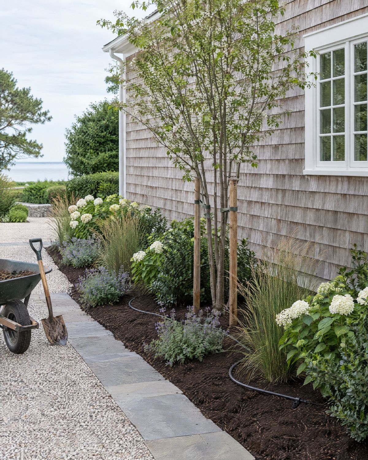A newly planted bed along a shingled wall: young hydrangeas, inkberry, little bluestem and catmint in fresh mulch, a staked multi-stem tree and a drip line, with a wheelbarrow and spade