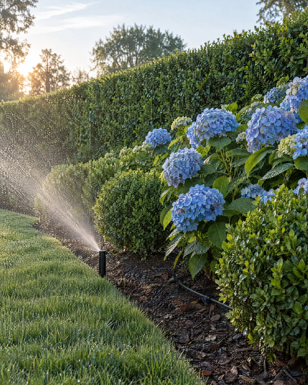 A pop-up spray head watering the edge of a lawn at dawn beside blue hydrangeas and boxwood, with a drip line under the mulch and a privet hedge behind