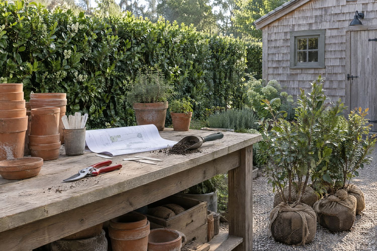 A potting bench with clay pots, plant tags, pruners and a rolled planting plan, with burlap-wrapped shrubs waiting to be planted beside a shingled shed
