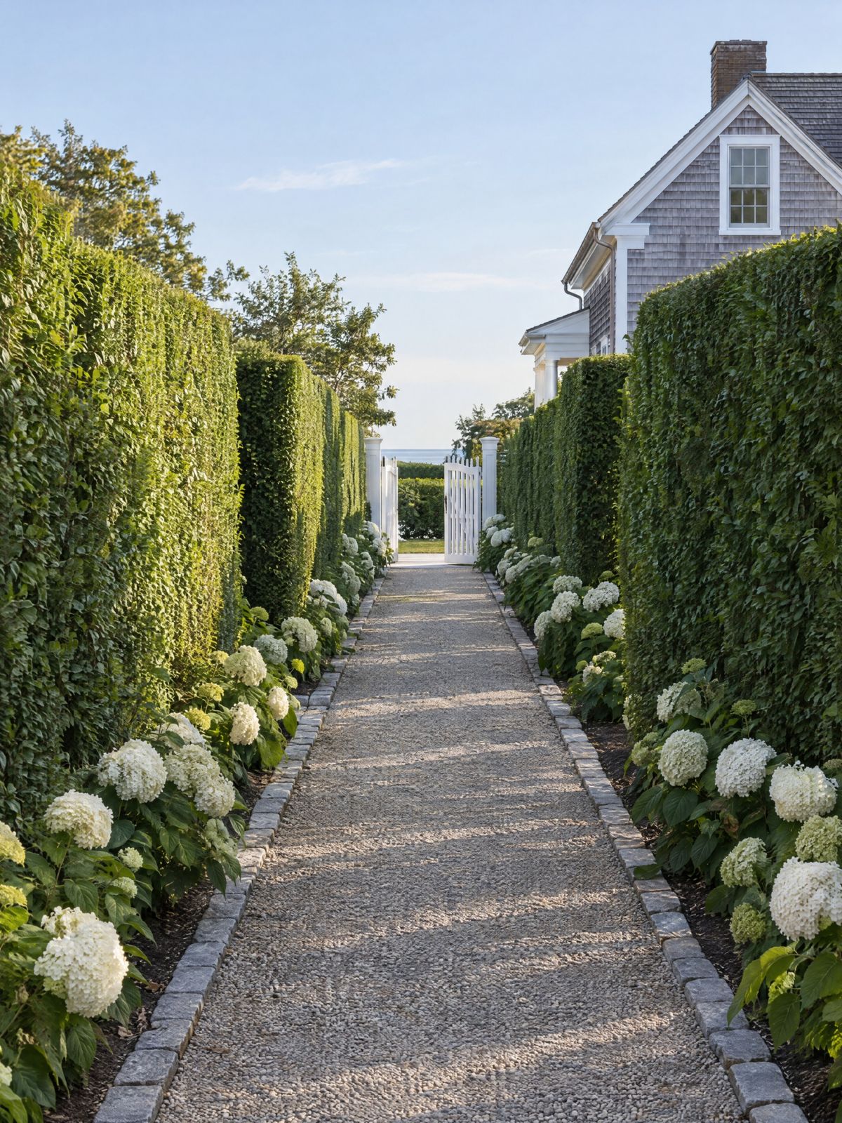 A pea-gravel path edged in granite setts runs between tall clipped privet hedges to an open white garden gate, with white hydrangeas at the foot of the hedges in late-afternoon sun