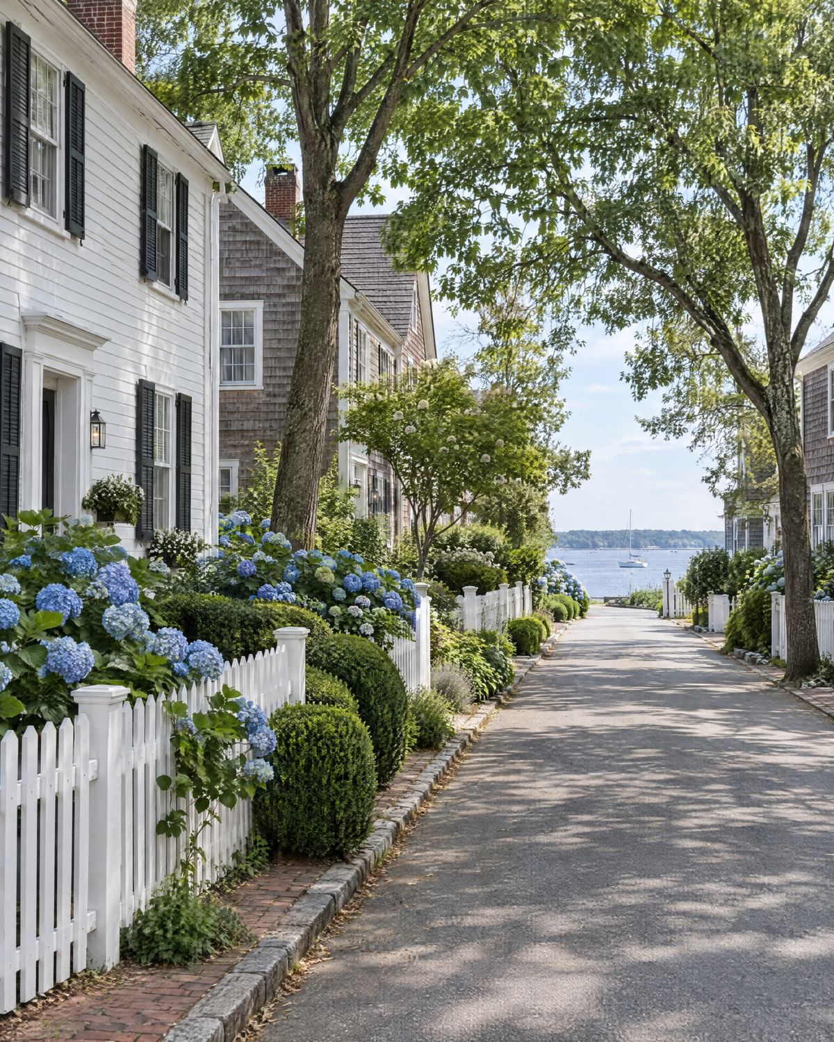 A village street of white clapboard and shingled houses behind picket fences, with blue hydrangeas and boxwood in the front gardens and harbor water at the end