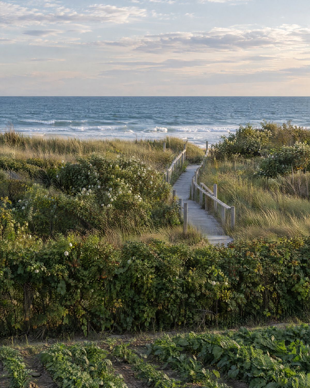 A wooden dune walkway crossing beachgrass and beach plum to the Atlantic, beyond a farm field and a hedgerow