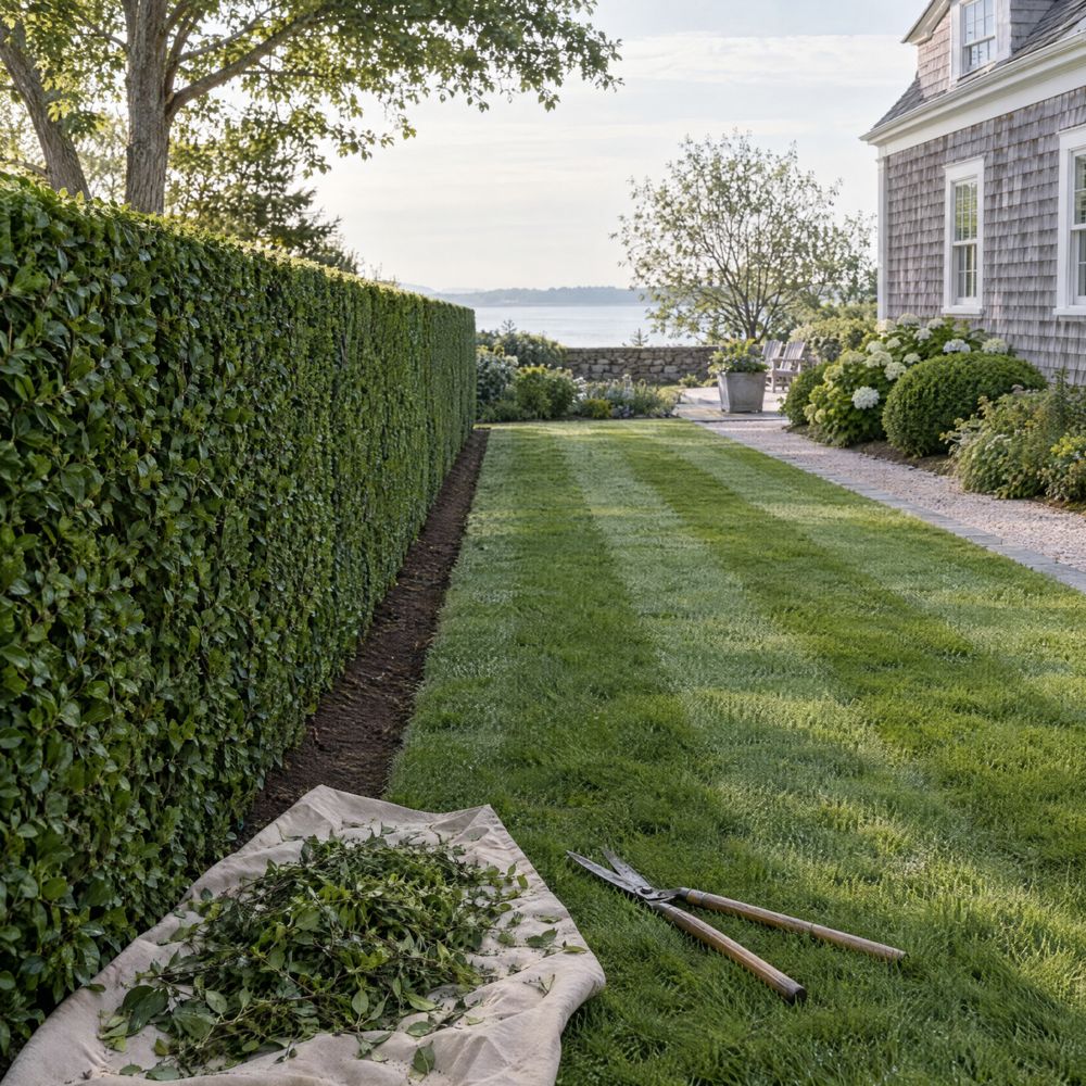 A freshly sheared privet hedge beside a striped lawn with a spade-cut bed edge, long-handled hedge shears and a tarp of clippings on the grass in early morning light