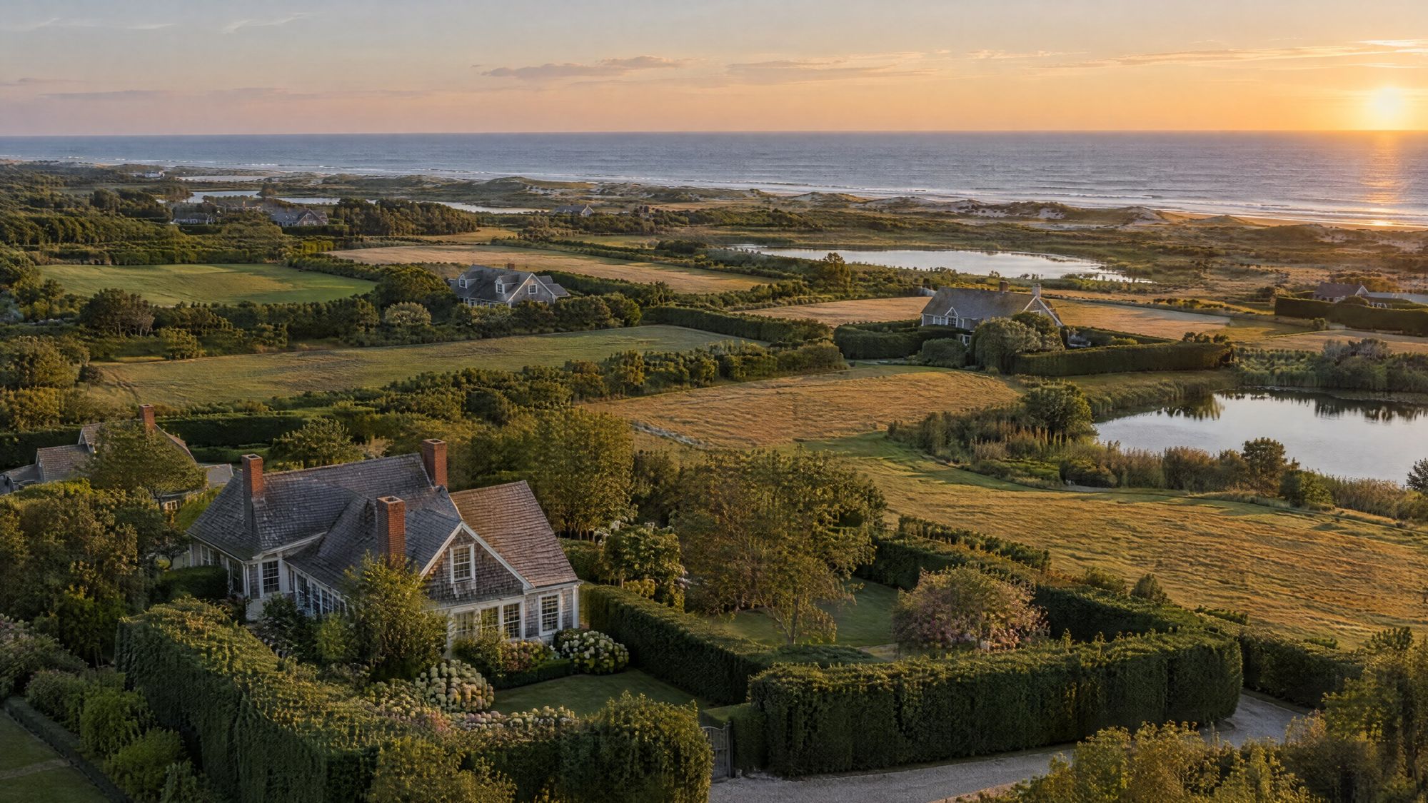 Farm fields, hedgerows, ponds and shingled houses behind privet hedges, with ocean dunes and the Atlantic beyond, at golden hour