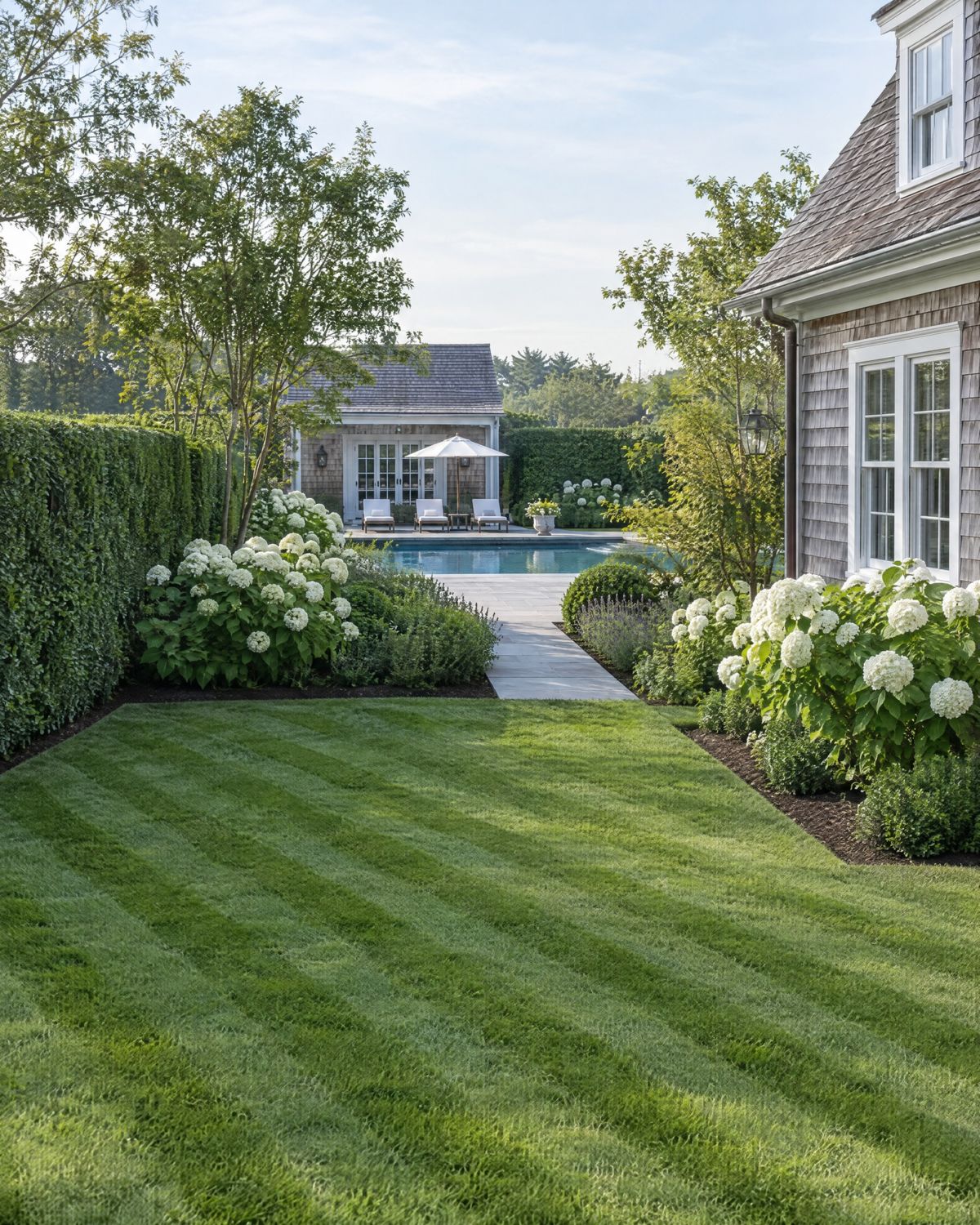 A freshly mowed striped lawn with crisp bed edges, white hydrangeas and a clipped privet boundary, with a bluestone path leading to a pool garden