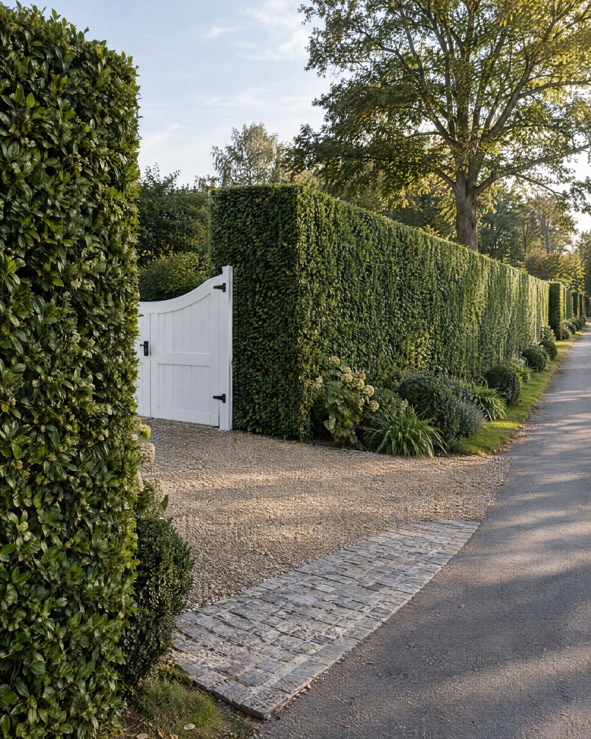 A tall sheared privet hedge with a flat top along a quiet lane, a pea-gravel drive with a Belgian block apron and a white gate set into the hedge