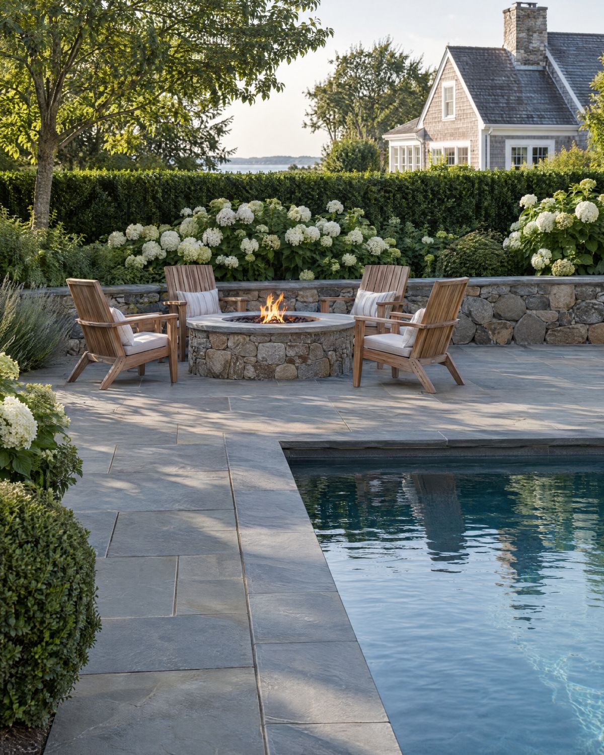 A thermal bluestone pool terrace with bluestone coping, a round fire pit with teak chairs and a dry-laid fieldstone wall, backed by privet and white hydrangeas