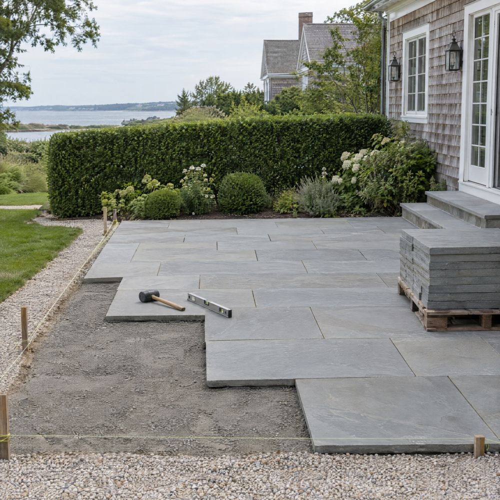 A thermal bluestone terrace half laid on a screeded stone-dust bed, with string lines, stakes, a rubber mallet, a level and a pallet of bluestone beside a clipped hedge