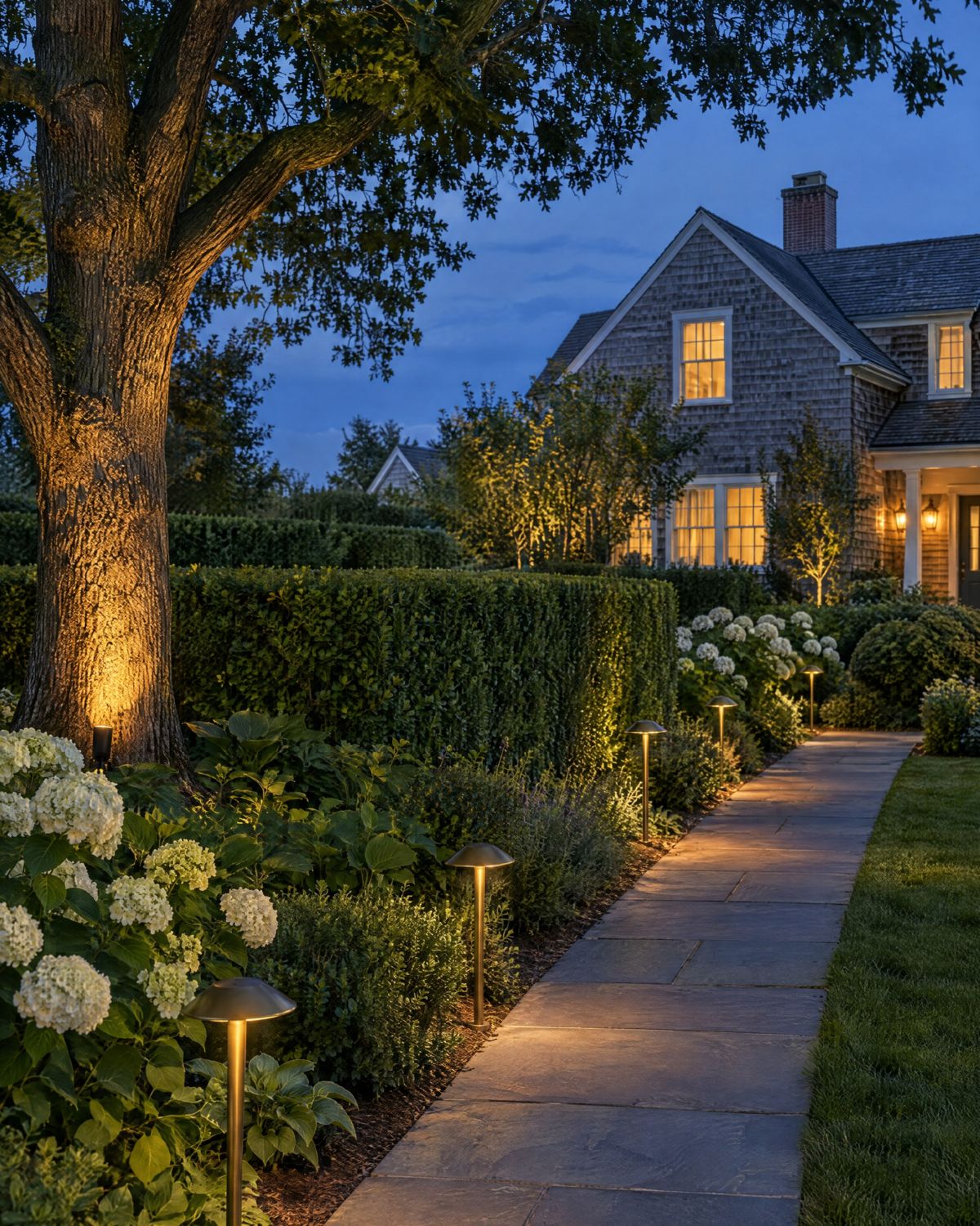 A garden at blue hour with warm, low path lights along a bluestone walk, a soft uplight on an oak trunk and a shingled house with lit windows behind a privet hedge