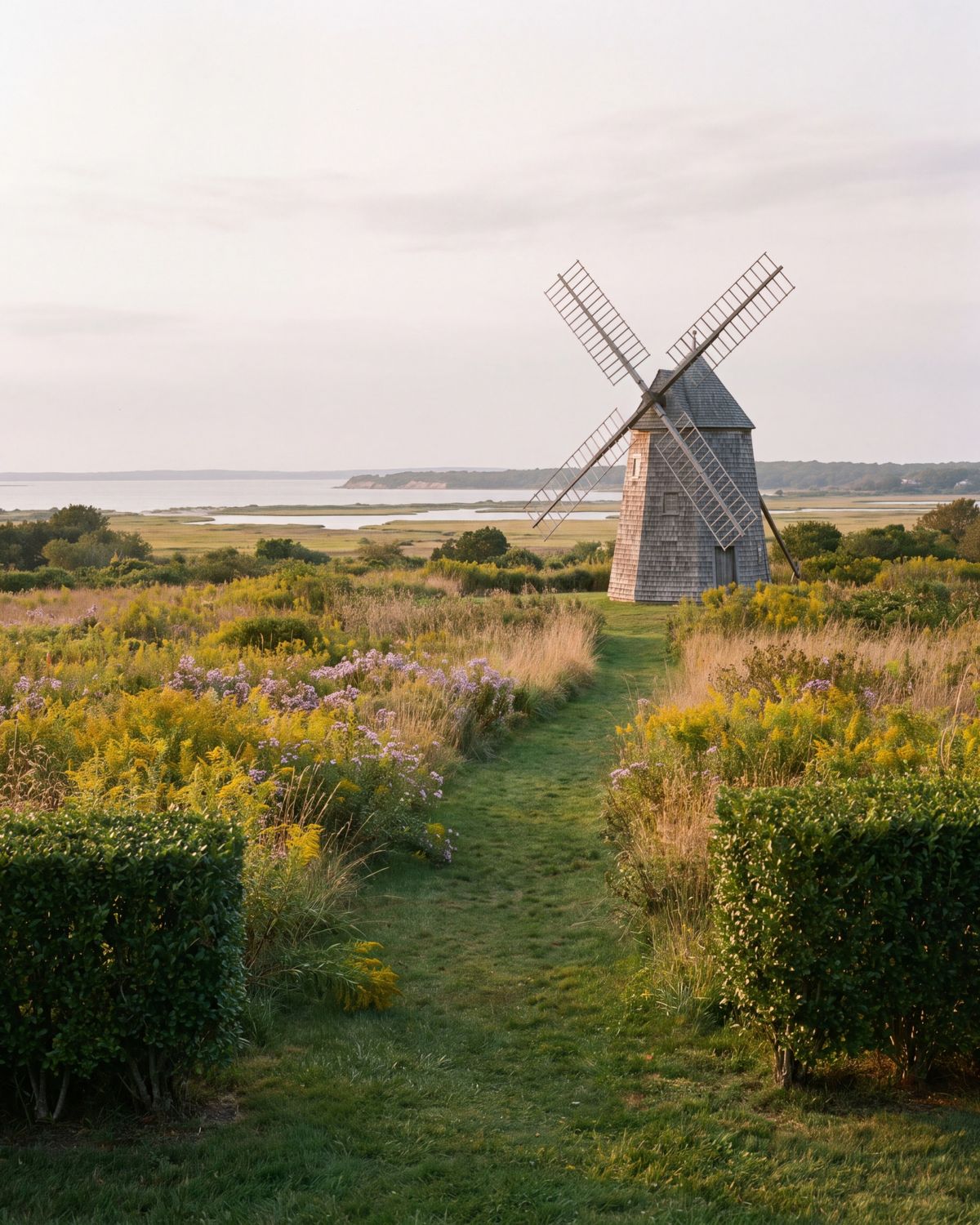 A mown path through a late-summer meadow between clipped hedges, with a salt marsh, a bay and a shingled windmill beyond