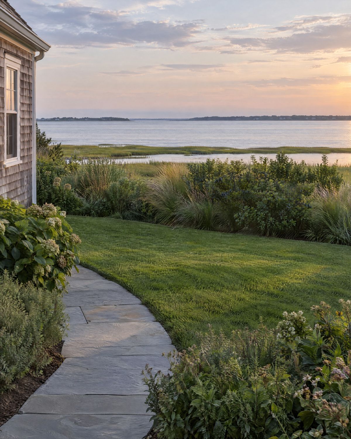 A bayfront lawn ending in a broad buffer of native grasses and bayberry above a tidal marsh, with a bluestone path beside a shingled house